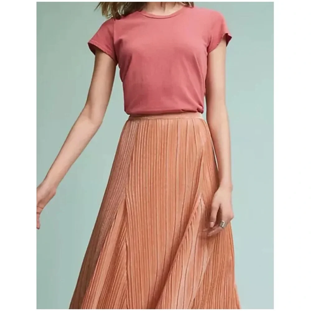 Anthropologie Maeve Pleated Metallic champagne peach midi skirt Small Anthro - Picture 3 of 11